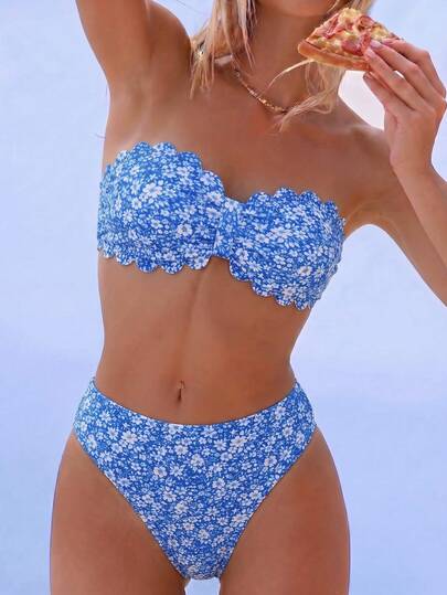 Swim Mod Đồ bơi nữ, kiểu cắt khoét bèo cánh hoa, quây bandeau, ngọt ngào và dễ thương, họa tiết hoa nhí, vải gân nổi
