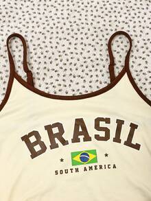 SHEIN Tween Girls Tank Tops & Camis Bright Brazil Print Pattern Colorblock Casual Spaghetti Strap Fitted Tank Top Suitable For Summer, Sports Casual Slim Fit Tank Top - Beige - View 3