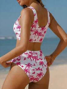 Swim Vcay 女款熱帶植物印花前打結抓皺背心上衣與三角比基尼泳褲套裝，適用於度假、海灘與海邊 - 玫紅色 - 查看 2