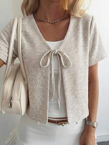 DAZY Women's Front Tie Short Sleeve Jacket Fall/Winter - Apricot - View 13
