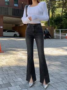Joudiya Split Flare Jeans - Dark Grey - View 7