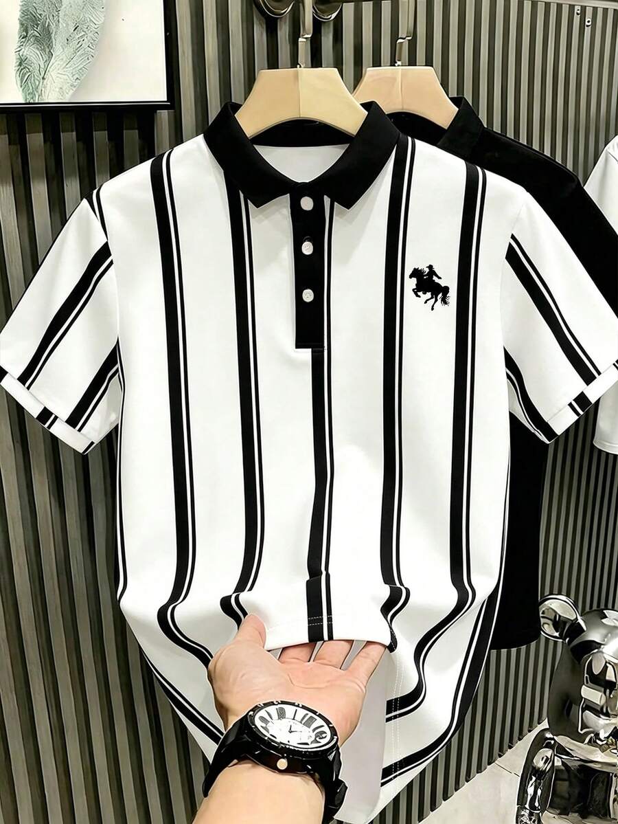 Manfinity Hypemode Men's Casual Classic Black & White Striped Horse Graphic Polo Shirt, Suitable For Leisure, Daily Commute - Multicolor - View 1