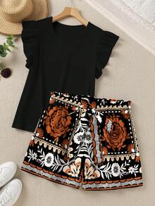 EMERY ROSE Pattern Bow Tie Shorts And Flutter Sleeve Top Plus Size 2pcs Set - Multicolor - View 1