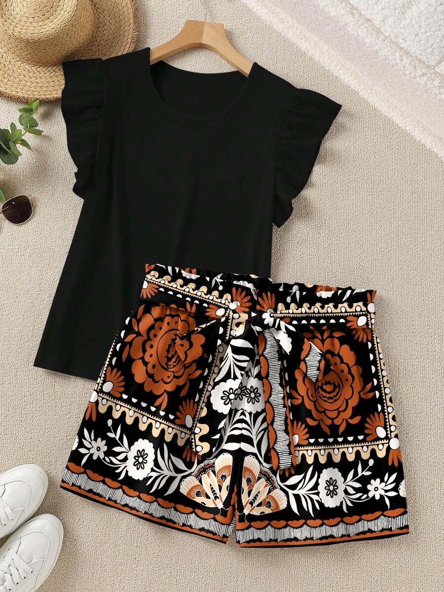 EMERY ROSE Pattern Bow Tie Shorts And Flutter Sleeve Top Plus Size 2pcs Set - Multicolor - View 1