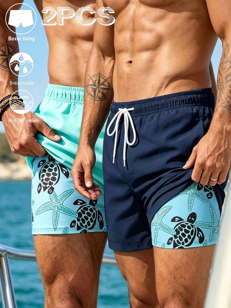 Manfinity Swimmode 男士2件組夏季海灘度假風抽繩腰海龜與海星印花二合一沙灘短褲 - 藍色 - 查看 1