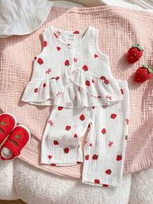 Vintaside Kids Bộ 2 món cho bé gái: Áo tank top dáng ngắn cổ tròn không tay, vải cotton trắng nhăn hai lớp mềm mại, gấu áo nhún bèo lớn + Quần dài ống rộng suông lưng thun, phong cách Mori Hàn Quốc dễ thương ngọt ngào trẻ trung, họa tiết in trái dâu và nơ, phù hợp mặc hàng ngày mùa hè, đi chơi, mua sắm, đi học, du lịch, nghỉ dưỡng, dã ngoại, công viên, khu vui chơi, tiệc tùng - Đỏ và trắng - Xem 10