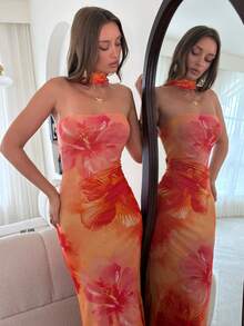 Opulessa Knitted Mesh Print Bandeau Slim Fit Dress For Women - Burnt Orange - View 2