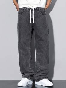 Manfinity Hypemode Jeans anchos de cintura con cordón para hombre, holgados - Gris - Ver 3