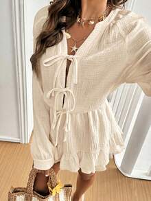 Serisse Women's Solid Color Lace-Up Long Sleeve Ruffle Summer Loose Comfortable Jumpsuit - Apricot - View 5