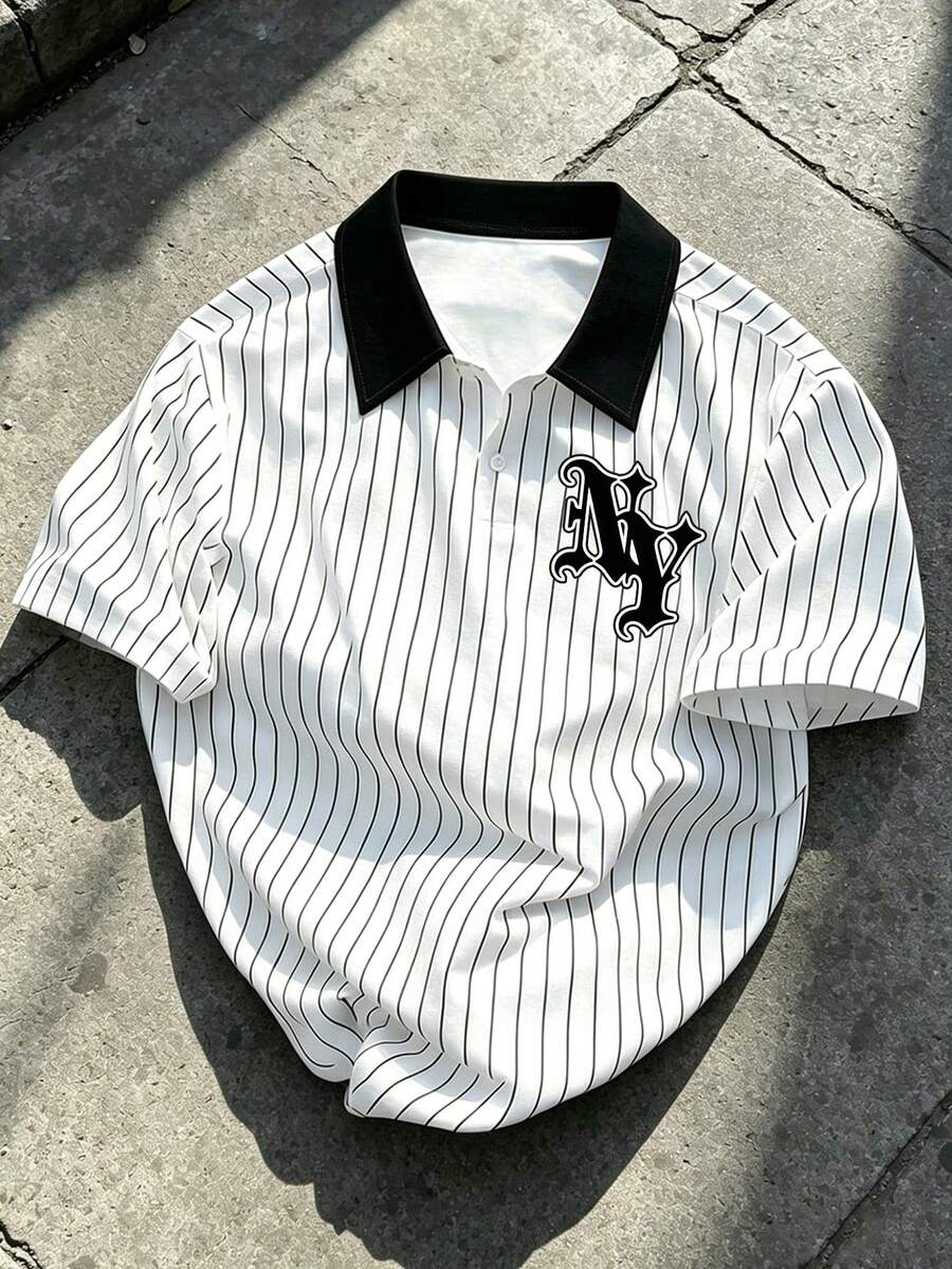 Manfinity EMRG 男士休闲时尚街头通勤字母条纹印花撞色短袖Polo衫,夏季 - 彩色 - 查看 1