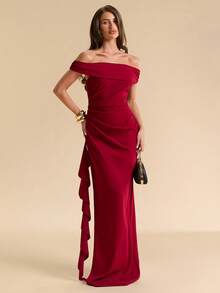 SHEIN BAE Spring/Summer Burgundy Off-Shoulder Pleated Ruffle Long Dress, Elegant High-End Evening Party Date Dress - Red - View 1