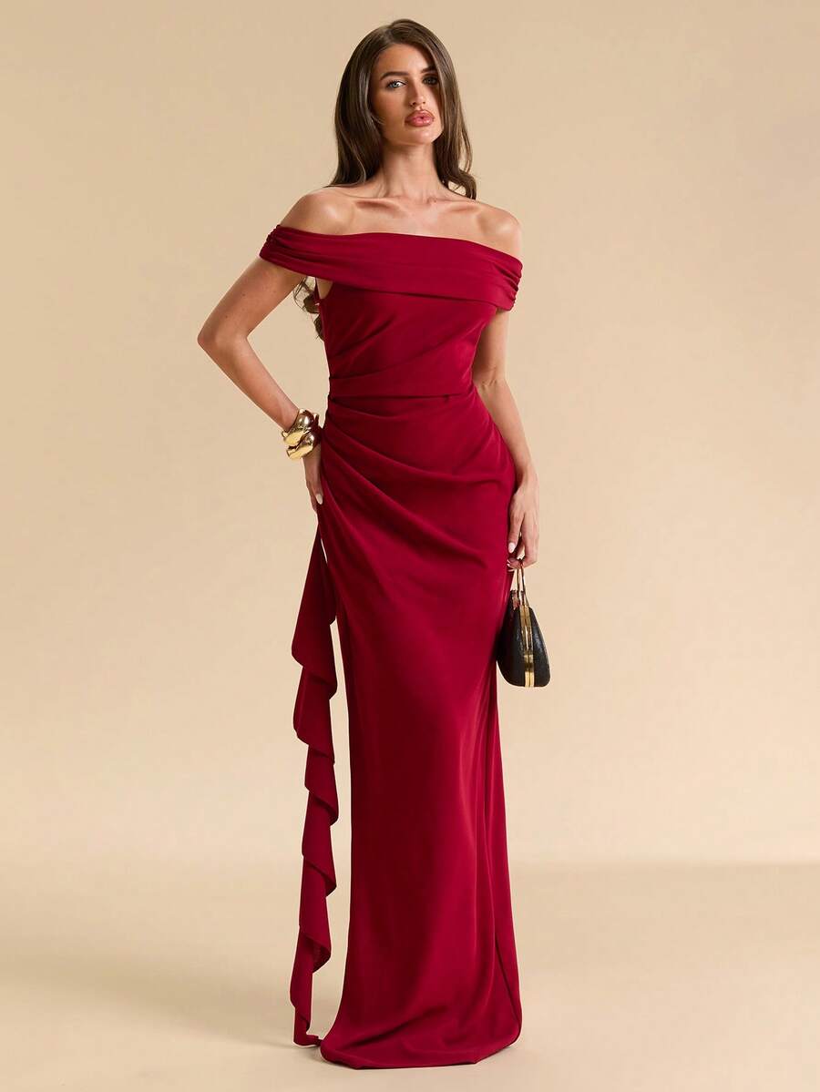SHEIN BAE Spring/Summer Burgundy Off-Shoulder Pleated Ruffle Long Dress, Elegant High-End Evening Party Date Dress - Red - View 1