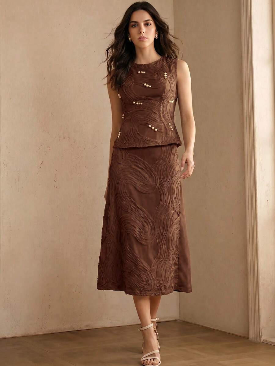 Anewsta 春夏新款女款優雅浪漫紋理漸層珍珠無袖收腰兩件套,適合度假、派對、商務、海灘約會 - 咖啡棕 - 查看 1