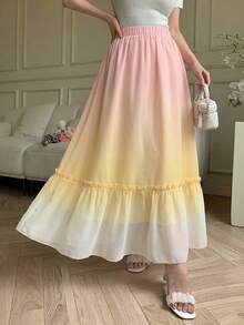Modelyn 女款春夏季編織拼接印花漸層A字版型荷葉邊裙襬優雅浪漫長裙 - 彩色 - 查看 5