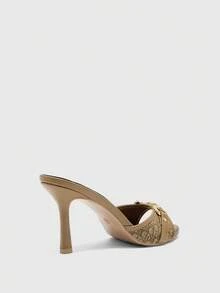 CUCCOO CHICEST Women Shoes Khaki D-Print Pattern Gold Buckle Classic Fashion Mules Round Toe High Heel Sandals - Khaki D printing - View 3