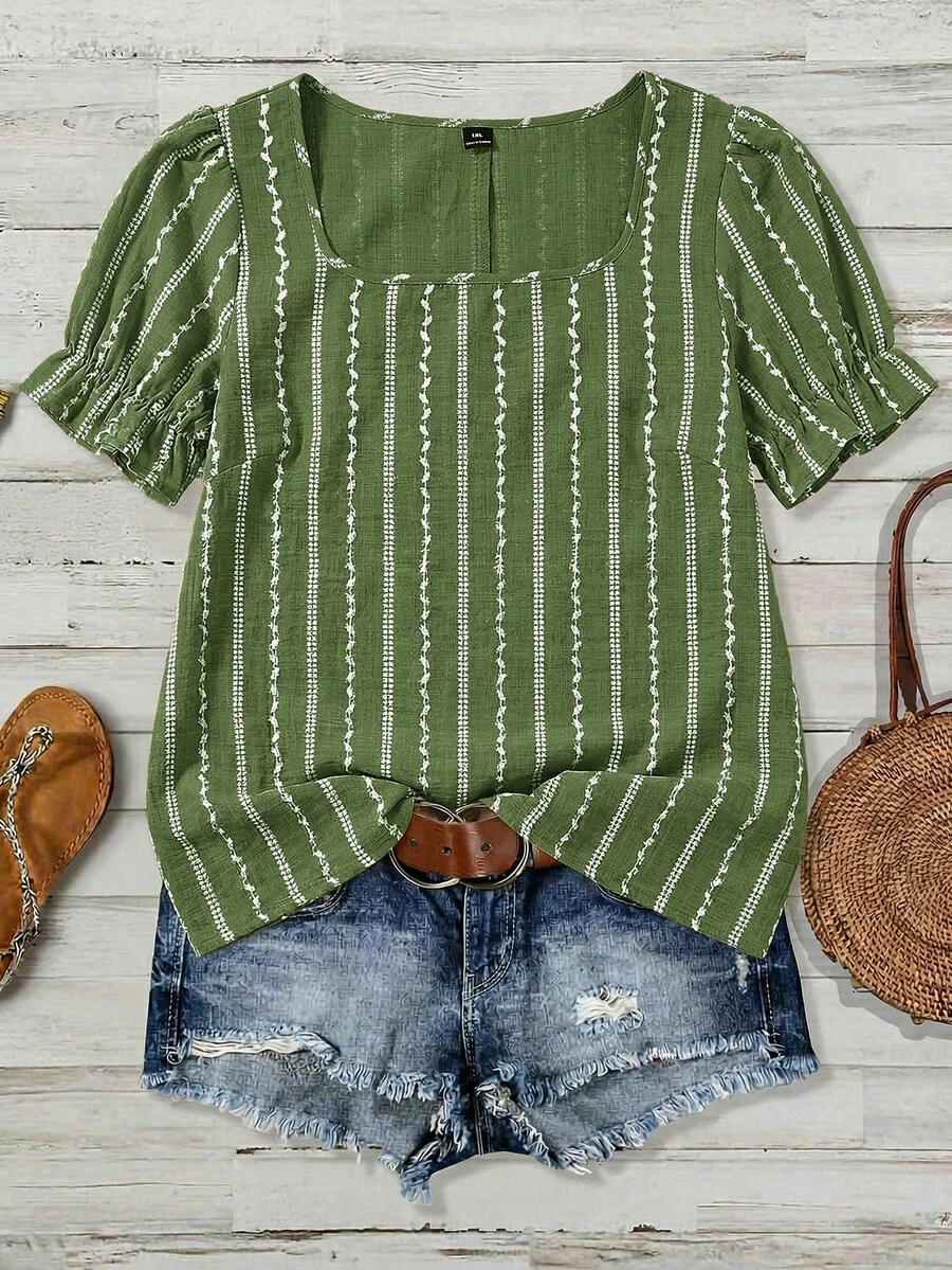 SHEIN VCAY 大尺碼仿刺繡印花圖案方領休閒百搭短袖襯衫,夏季 - 綠色 - 查看 1