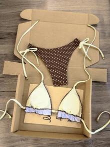 Swim Vcay Bikini nữ gợi cảm 2026 Xuân/Hè, cúp tam giác cổ yếm, màu cà phê chấm bi vàng, trang trí mặt trời vàng, gấu bèo nhún dây rút, charm chuông vuông ở cuối dây vai, hông buộc dây cắt cao, có thể điều chỉnh, phù hợp đi biển, hồ bơi và ven biển - Cà phê nâu - Xem 2