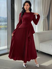 Modelyn 女款素色圓領標準肩長袖百褶長洋裝 - 酒紅色 - 查看 5