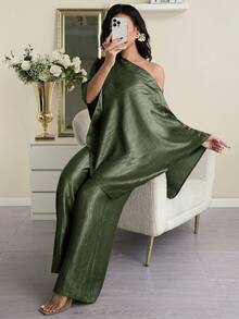 Modelyn Women's Elegant Solid Color Asymmetric Neck Loose Top And Pants 2 Pieces Set, Summer - Army Green - View 6