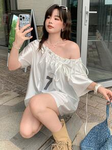 Dazy Plus Plus Size Mesh Patchwork Satin Open Shoulder Loose Casual Printed Graphic College Style Short Sleeve T-Shirt For Girls Spring Summer - White - View 2