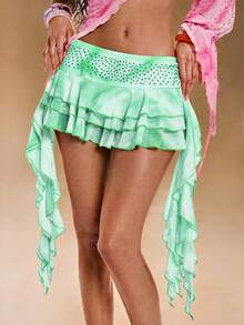 ROMWE Y2K Spring/Summer Vacation Sexy Wild Passionate Gradient Print Waist Rhinestone Embellished Hem Ruffle Women's Mini Cake Skirt - Green - View 8
