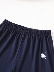 2pcs Tween Girls Casual Sports Style Navy Blue Pony Print Short Sleeve Long Pants Round Neck Thin Daily Casual Summer Two Pieces Set - Navy Blue - View 8