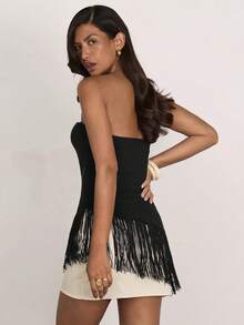 COSMINA Women's Summer Fashion Vacation Style Minimalist Solid Color Tassel Hem Fitted Bandeau Top - Black - View 4