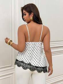 Femmeverse Plus Size Women's Summer New Sexy Vacation Camisole Lace Patchwork Design Polka Dot Top - Black and White - View 2