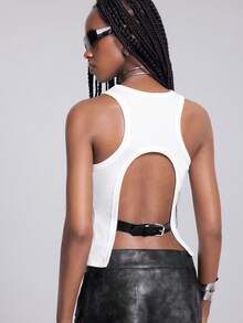 Airlisse Women Summer Punk White Rib Racer Back Tank, Double Shoulder Metal Rivets Large Back Cut Out With Adjustable Buckle Belt Slim Cropped Y2K  Top - White - View 2