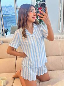 Girls' Pink And White Vertical Striped Short Sleeve Pajama Set, Sweet And Fresh Open Front Lapel Top With Wavy Hem And Leg Openings, Embroidered Casual Comfortable Loungewear For Spring And Summer - Blue - View 4