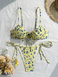 Swim Mod Conjunto de bikini con soporte de busto y cordones laterales para mujer, estampado floral menudo, para vacaciones de primavera/verano - Multicolor - Ver 3