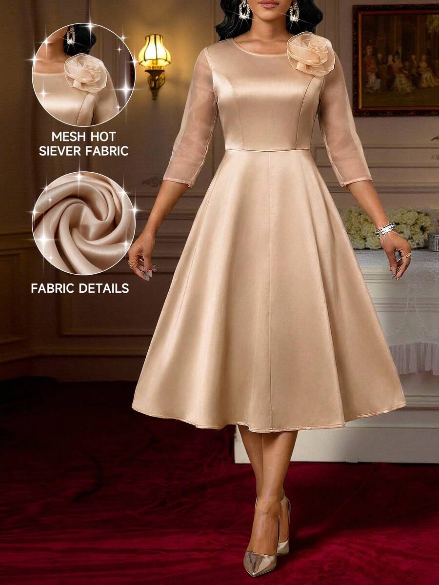 SHEIN Lady 女士假日连衣裙 度假连衣裙 女士优雅连衣裙 优雅连衣裙 女士优雅连衣裙 - 卡其色 - 查看 1