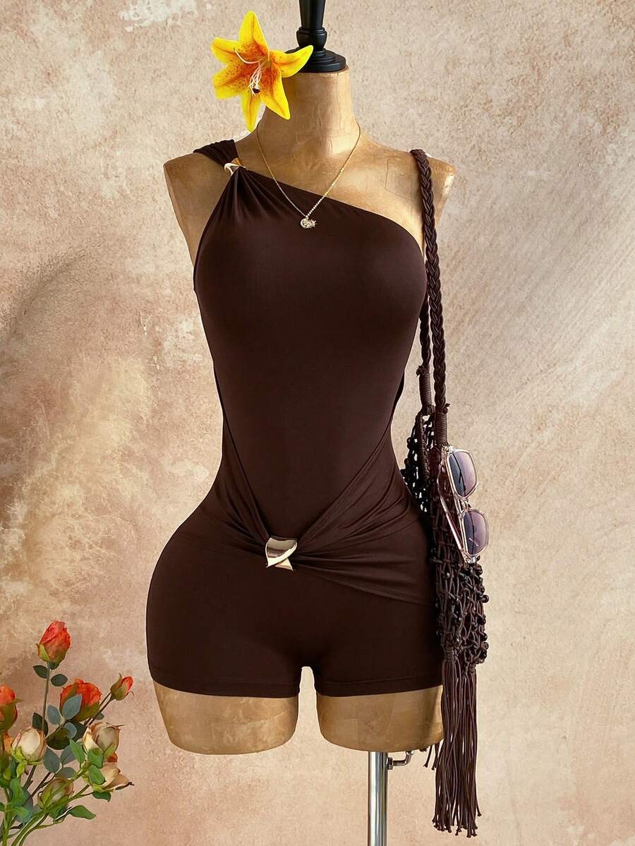 Soleia Tuta estiva da donna taglie forti, colore unito, scollo asimmetrico, aderente, design minimalista