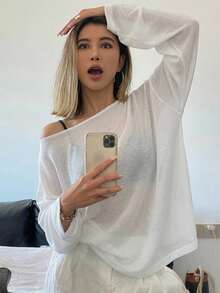 DAZY تيشيرت نسائي كاجوال بفتحة جانبية كبيرة الحجم، ملابس ربيع وصيف وخريف، بأكمام طويلة، ملابس علوية نسائية لتغطية ملابس السباحة - أبيض - مشاهدة 14