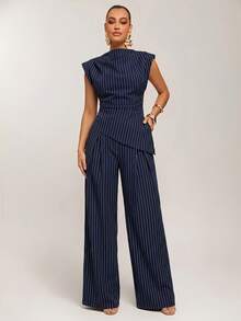 Silquee Áo nữ thời trang mùa hè kẻ sọc vạt bất đối xứng - Xanh và trắng - Xem 4