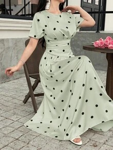 Feyla Women's Colorblock Polka Dot Print Short Sleeve Long Dress - Green - View 7