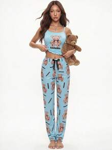 Rina Fox 2pcs Cute Bear Print Camisole & Pants Pajama Set - Multicolor - View 8