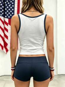 SHEIN Holidaya Summer Independence Day Women's 2 Pieces Set, Independence Day Women's Tank Top And Women's Shorts, USA Flag Print T-Shirt And Print Shorts - Blue and White - View 2