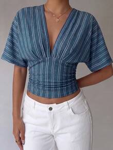 Aloruh Women's Summer Casual Striped Ruched Waist T-Shirt - White - View 7