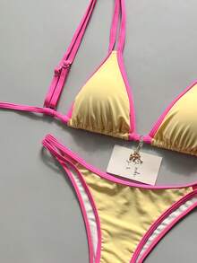 Swim Mod Women's Spring/Summer Solid Color Double Strap Metal Decor Bikini Set Beach Vacation Hot Pink Tropical - Multicolor - View 4