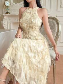 DAZY Summer Elegant Slim Fit Lace Dress Sleeveless Women's Midi Dress - Beige - View 3