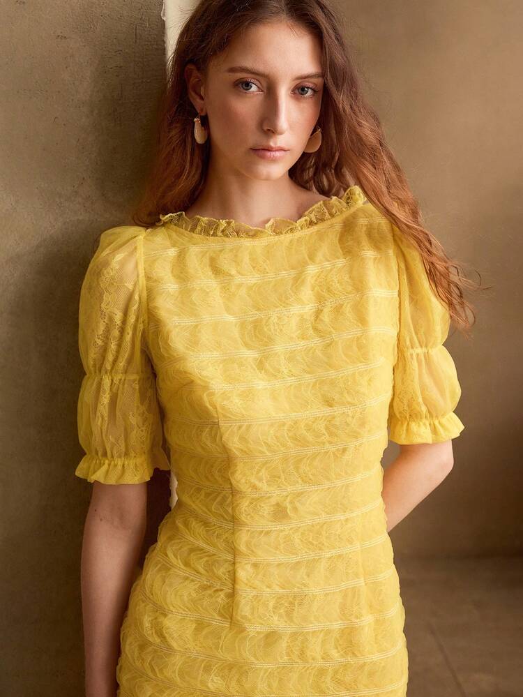 FASHIONABLE DESIGN EXQUISITE ELEGANT LACE EMBROIDERY MESH PETAL SLEEVE WAIST-DEFINING SLIMMING STRETCH VINTAGE WOMEN'S DRESS