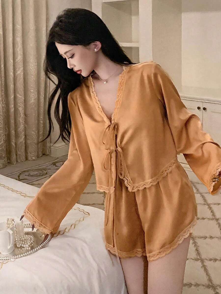 DAZY Romantic Lace Patchwork Satin Lace-Up Top & Ultra Short Shorts 2pcs Women's Pajama Set - Orange - View 1