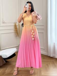 Seusyu Women's Summer Gradient V-Neck Sleeveless Fashion Versatile Long Dress Holiday - Pink - View 1