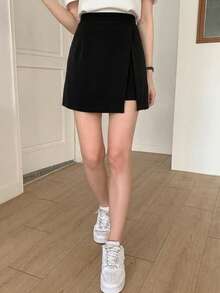 DAZY 女款素色後拉鍊側開衩休閒百搭裙褲 - 黑色 - 查看 6