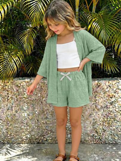 SHEIN Tween Girl Summer Casual Vacation Textured Crinkle Fabric Shirt And Shorts Set Vacation Sage Green White For Tween Girl