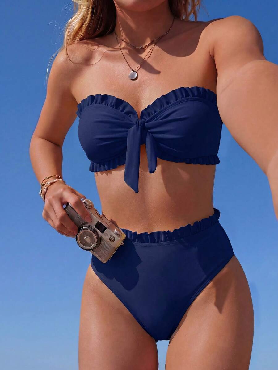 Swim Mod Women's Summer Beach Solid Color Ruffle Trim Bandeau Bikini Set With Front Knot, Two Pieces Swimwear Black Bathing Suits - Navy Blue - View 1