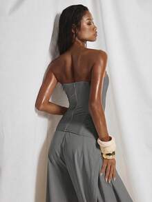 MUSERA Crystal Teardrop Embellished Boned Corset Bandeau Top Cute Summer Spring Going Out Occasion Embellished Elegant - Grey - View 2