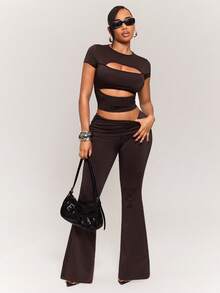 Radiana Women's 2-Piece Set All Shades Of Brown,Summmer,Seksi Chic,Night Out Club Hollow Round Neck Short Sleeve T-Shirt And Low Waist Fitted Flare Pants - Brown - View 3