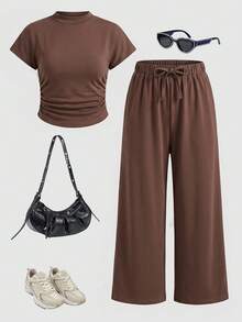 SHEIN Young Girls Solid Coffee Textured Mock Neck Snug Fit Top & Wide Leg Pant 2 Pieces Set,Summer Matching Family Vacation,Mom Daughter & Sisters Style - Brown - View 6